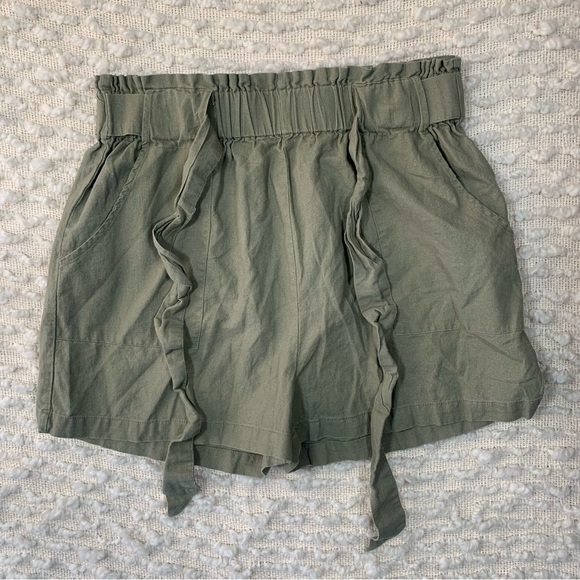 PAPER BAG HIGH WAIST OLIVE GREEN SHORTS BELT WOMENS XL RELAXED COTTAGE LINEN - Picture 2 of 12